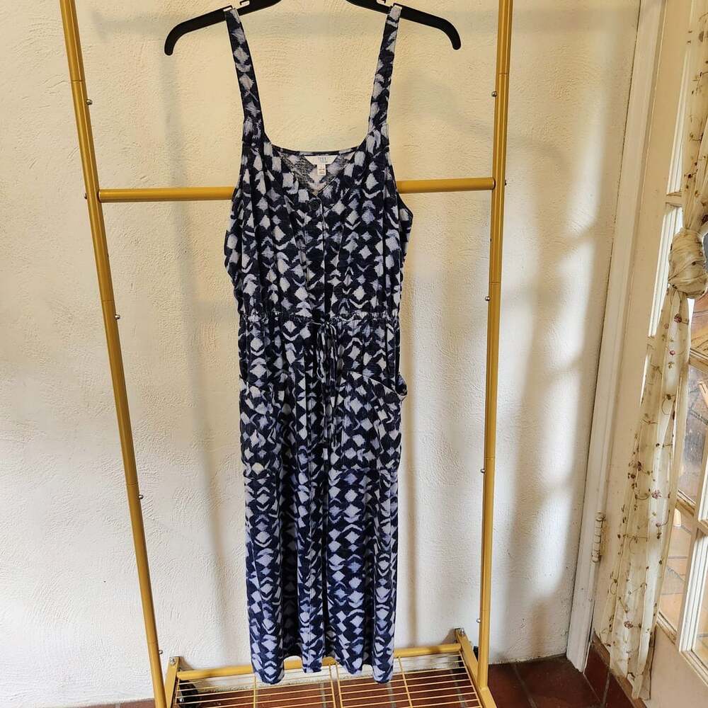 Time and Tru Jumpsuit Size L 12-14 Blue Geometric Ikat Button Front